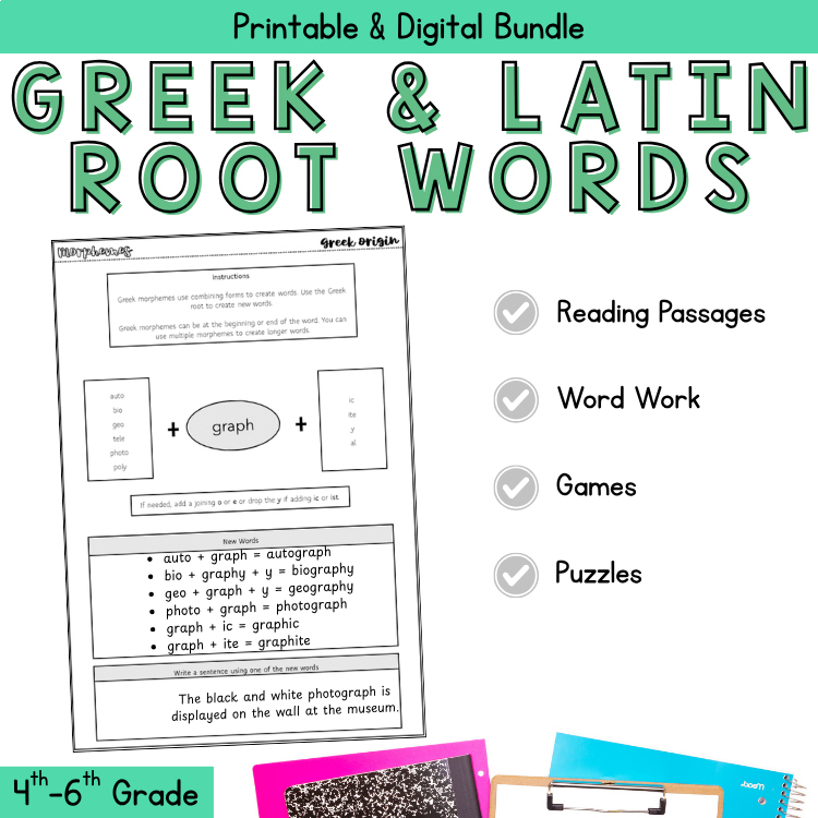 Greek & Latin Root Word Study Worksheets & Reading Assessment 4th 5th 6th Grade