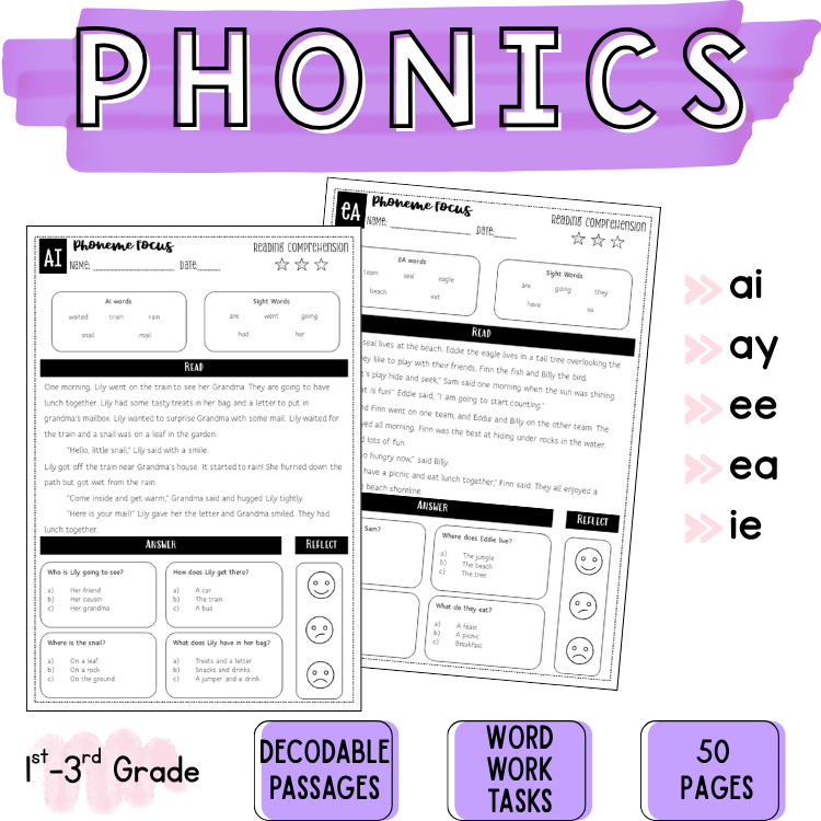 Vowel Teams Worksheets 2nd 3rd Phonics Folder Center ai ay ee ea Vowel Teams