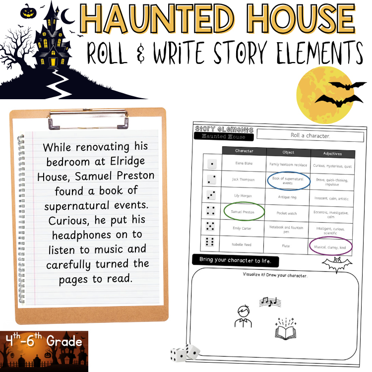 Halloween Roll & Write Engaging 4th 5th Grade Character Setting Plot Story Arc