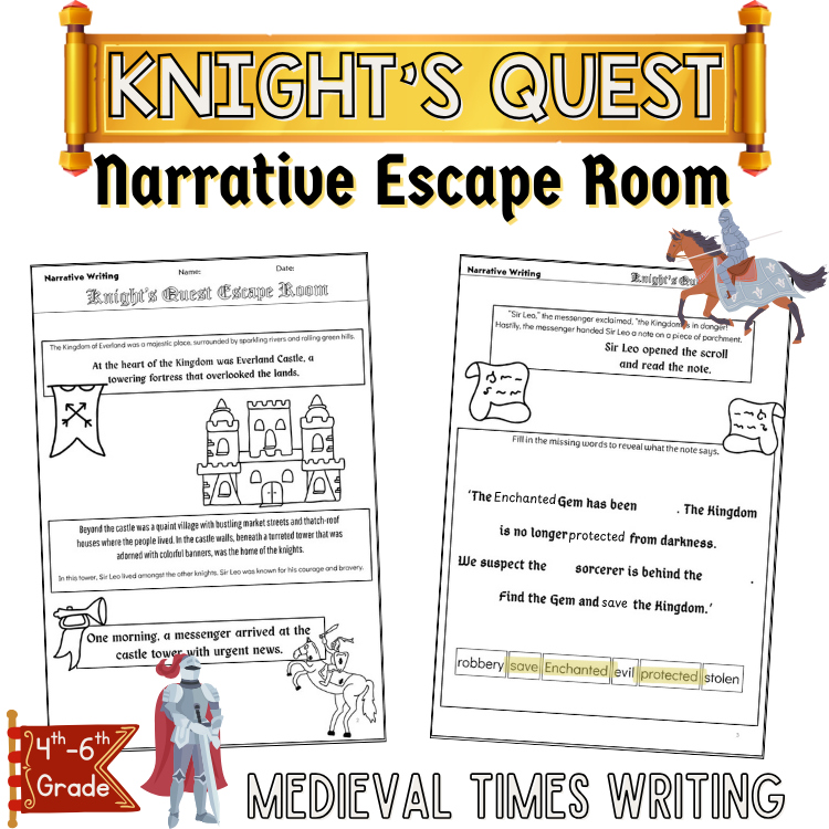 Medieval Times Fun Engaging Story Writing Activity 5th 6th Grade ELA Escape Room