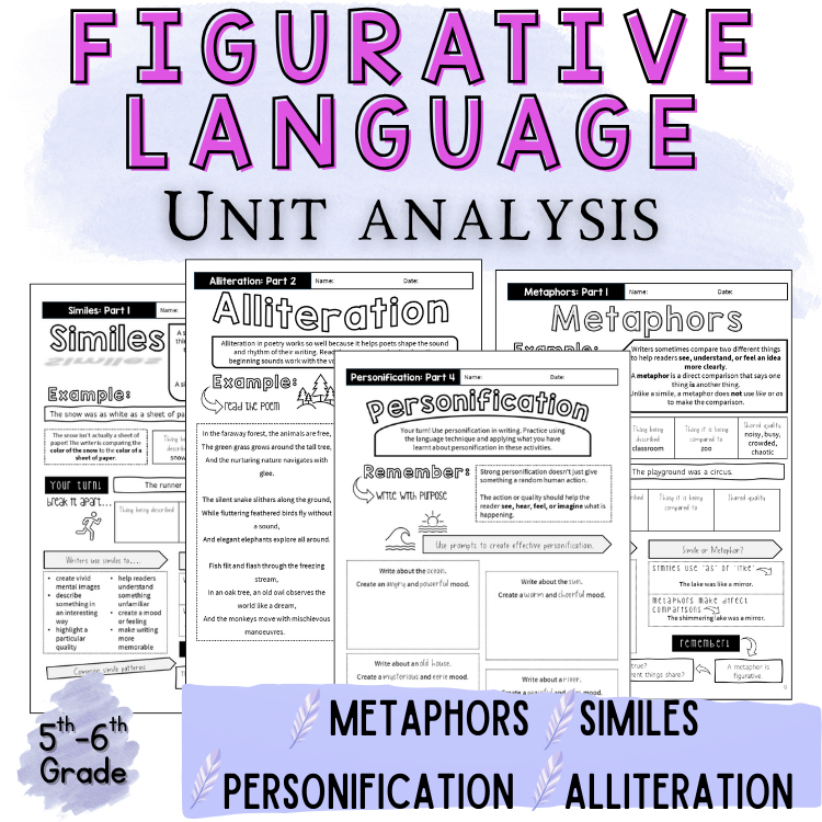 Figurative Language Unit Analysis Reading Poetry 5th 6th 7th Grade ELA Workbook
