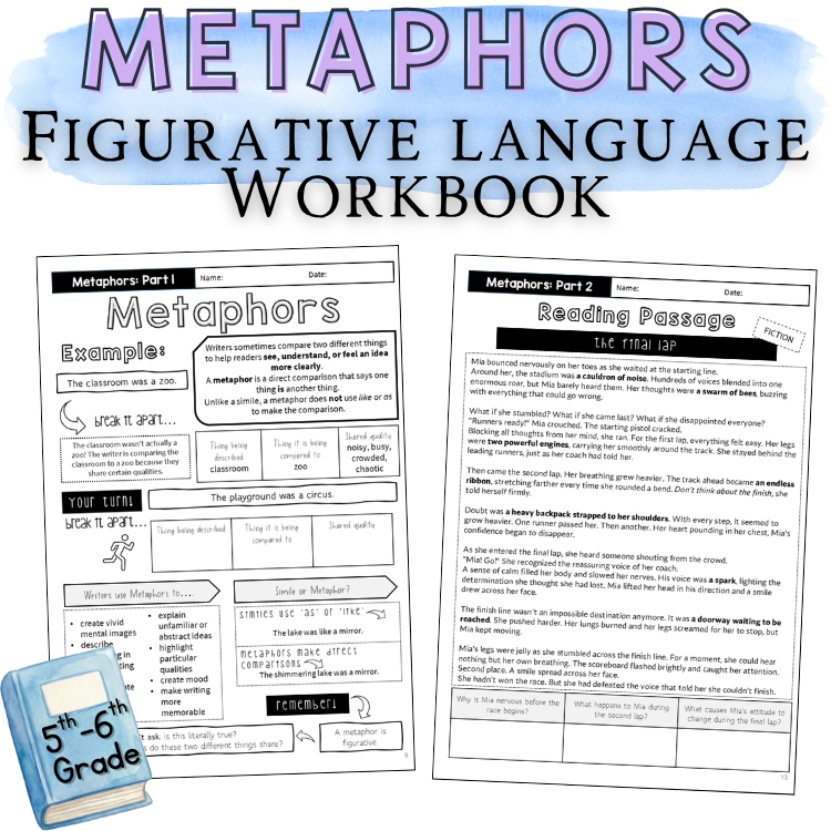 Metaphors ELA Passages Writing Activities 5th 6th 7th Grade Figurative Language
