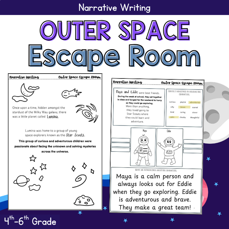 Space Theme Writing Prompts ELA Escape Room Fourth Fifth Grade Writing Template