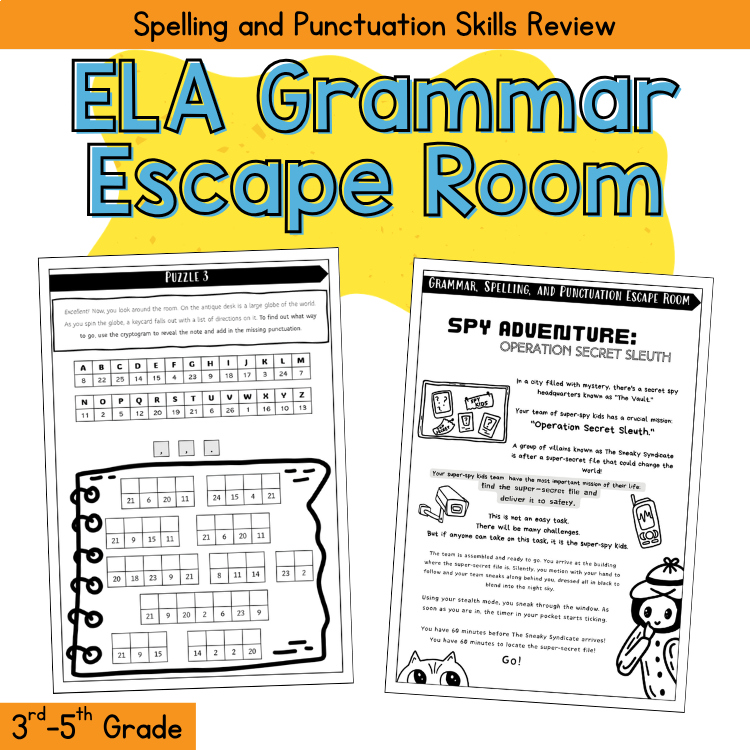 3rd 4th Grade Grammar Punctuation ELA Skills Review Escape Room Literacy Centers