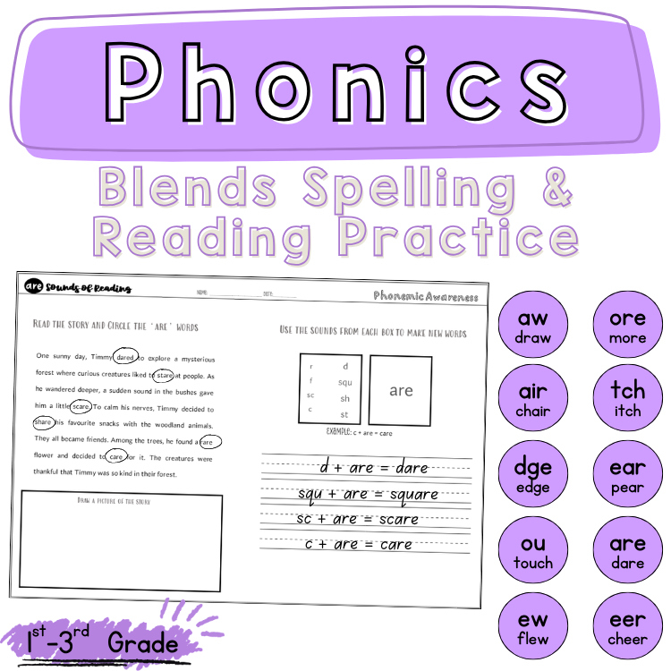 air ear are aw Blends Spelling Practice 2nd 3rd Grade Phonics Review Worksheets