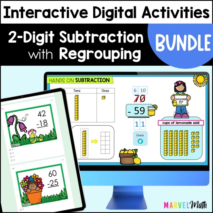 2 Digit Subtraction with Regrouping Google Slides, Forms Digital Resource Bundle