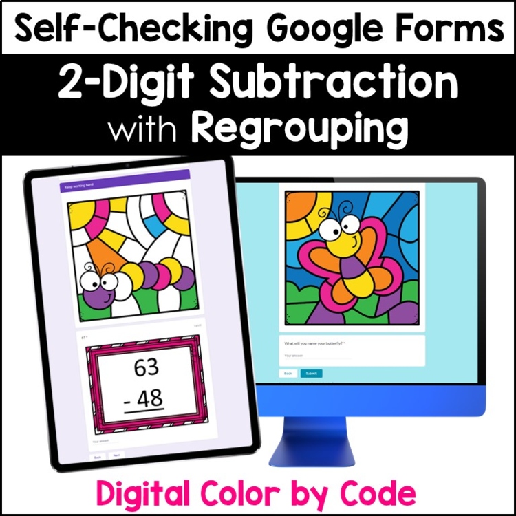 2 Digit Subtraction with Regrouping #7 - Digital Coloring by Code - Google Forms