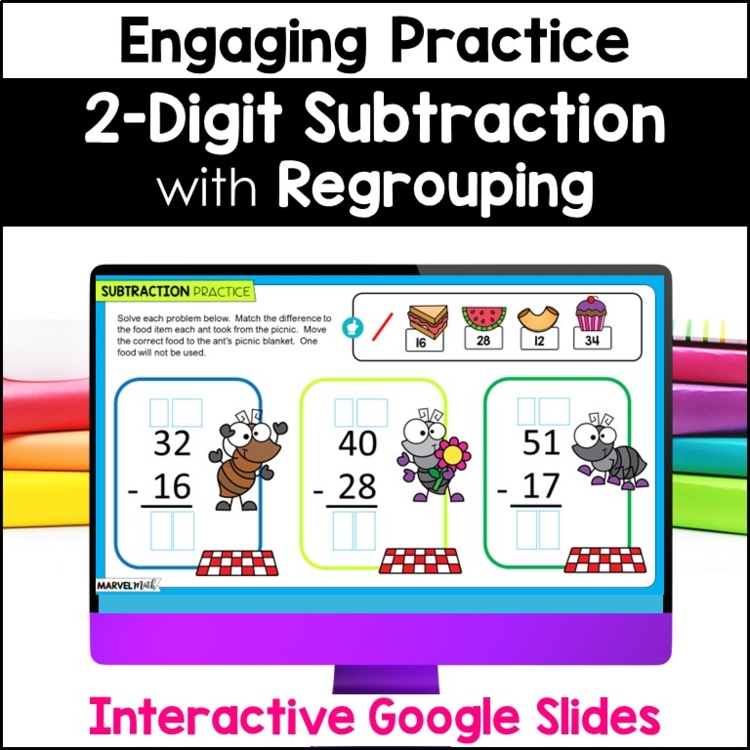 2 Digit Subtraction with Regrouping #6 - Google Slides - Picnic at the Park