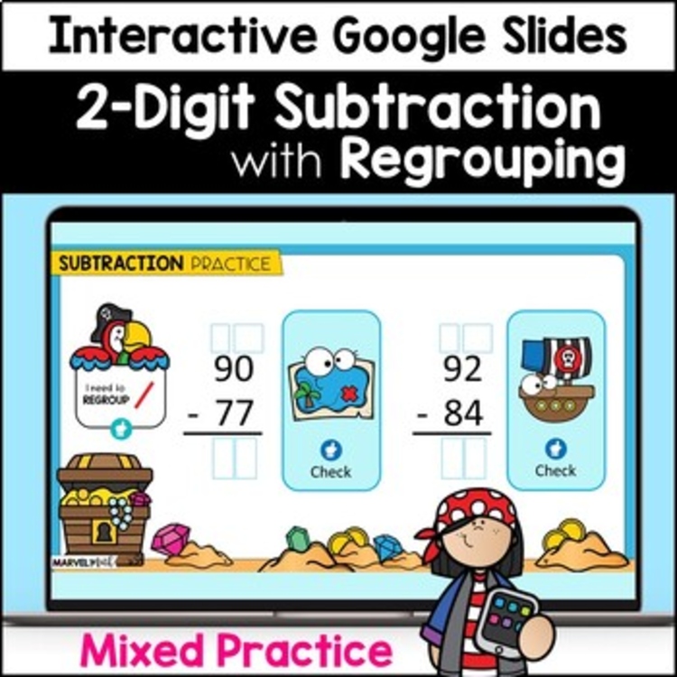 2 Digit Subtraction with Regrouping #5 - Google Slides - Pirate Practice