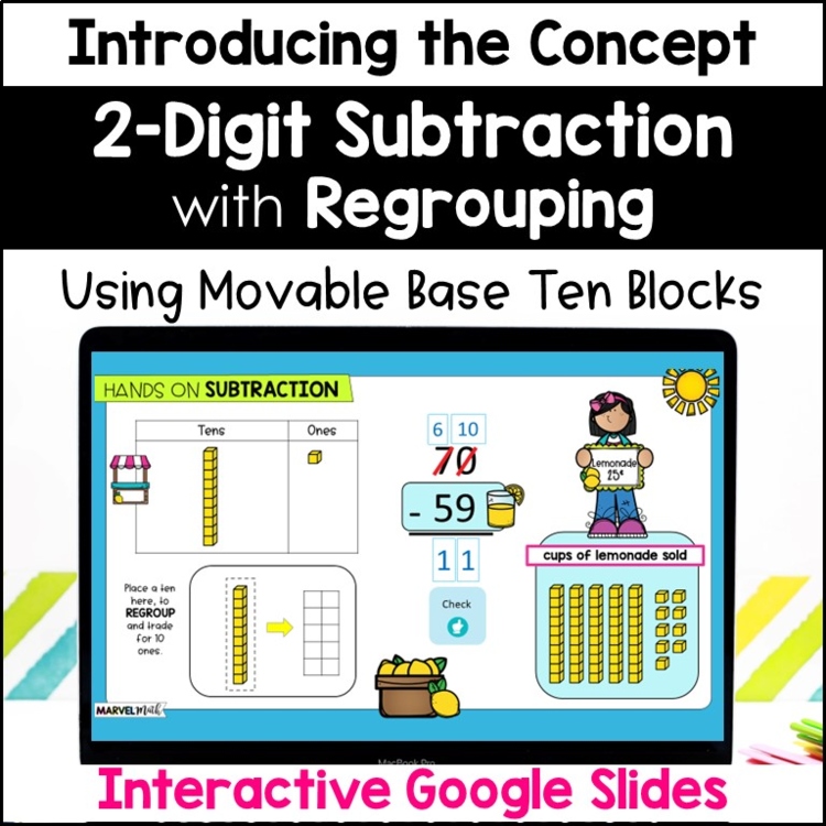 2 Digit Subtraction with Regrouping #3 - Base 10 Blocks Lemonade Stand