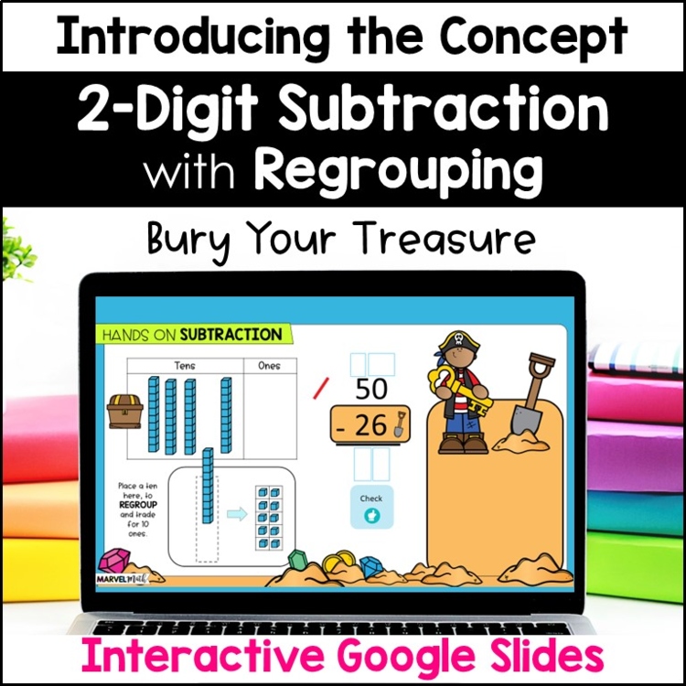 2 Digit Subtraction with Regrouping #2 - Base 10 Blocks Bury Treasure