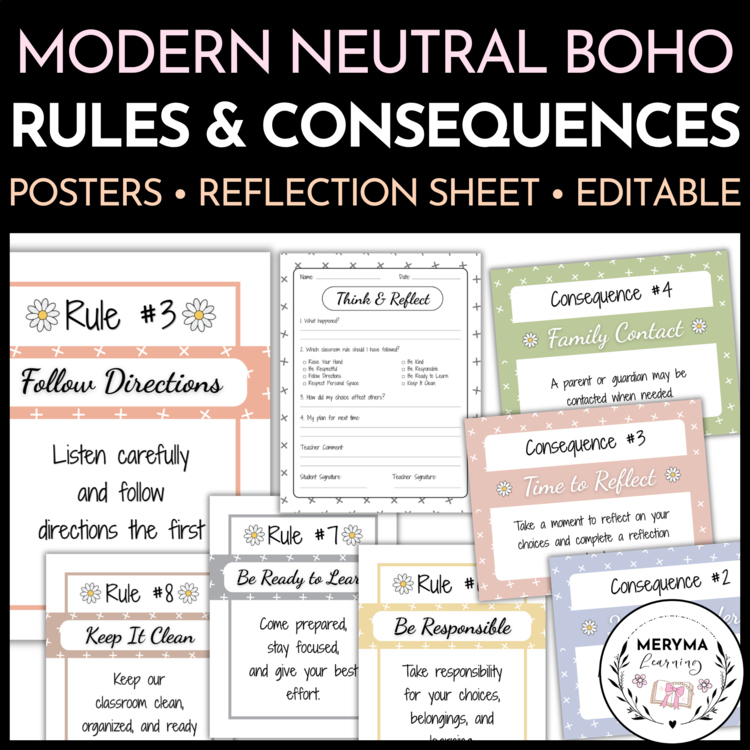 Neutral Boho Classroom Rules and Consequences Posters Behaviour Reflection Sheet