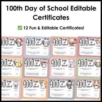 100th Day of School Editable Certificates – Cute Silly Animal Awards, image 2