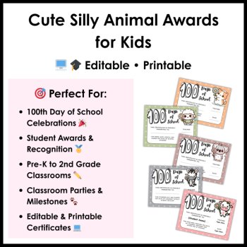 100th Day of School Editable Certificates – Cute Silly Animal Awards, image 4