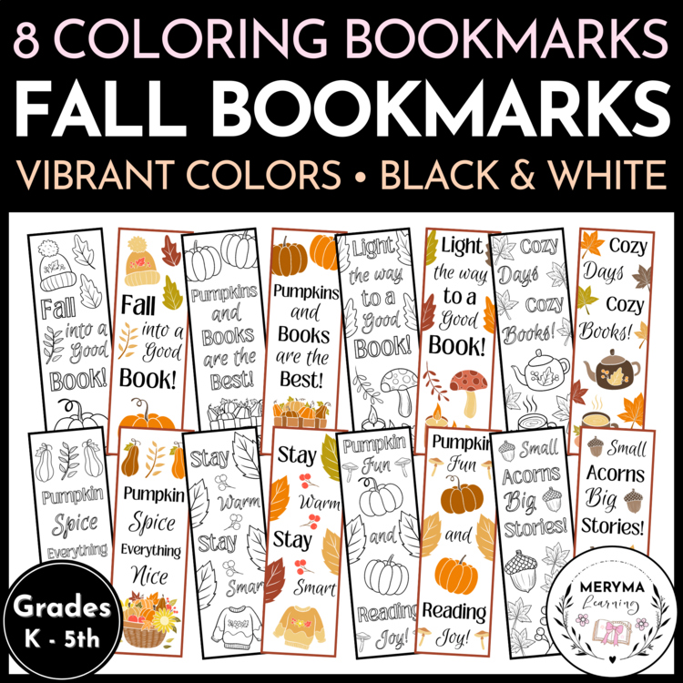 Fall Coloring Bookmarks - Vibrant Autumn Colors and Black & White Bookmarks
