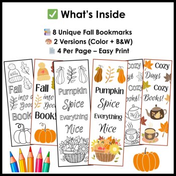 Fall Coloring Bookmarks - Vibrant Autumn Colors and Black & White Bookmarks, image 2