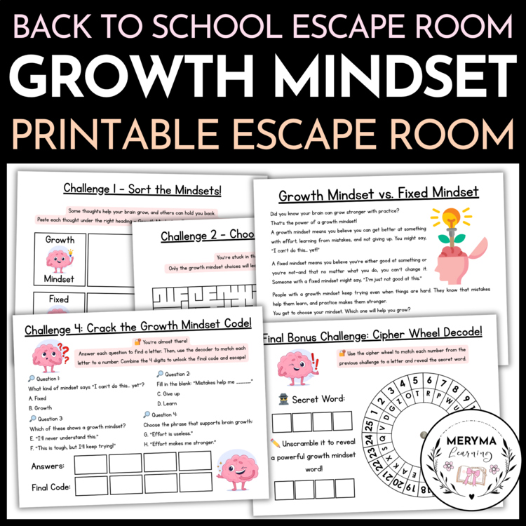 Back to School Growth Mindset Escape Room - Printable | 3rd 4th 5th Grade