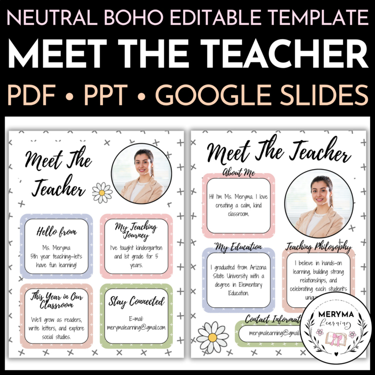 Neutral Boho Meet The Teacher Template Editable - Powerpoint Google Slides PDF
