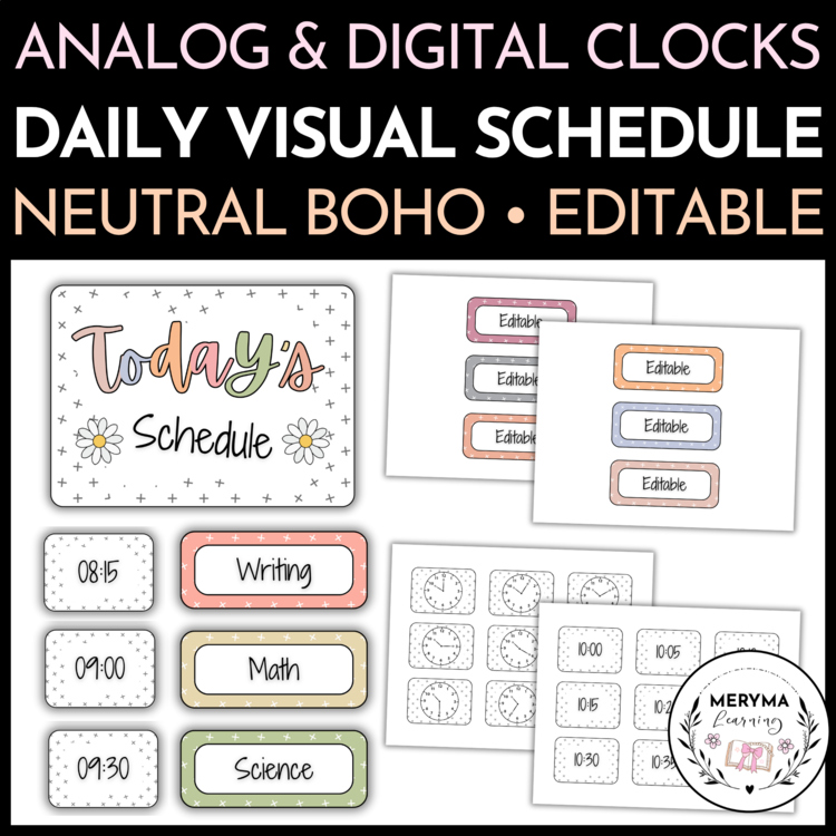 Neutral Boho Classroom Daily Visual Schedule Editable Template Cards with Clocks
