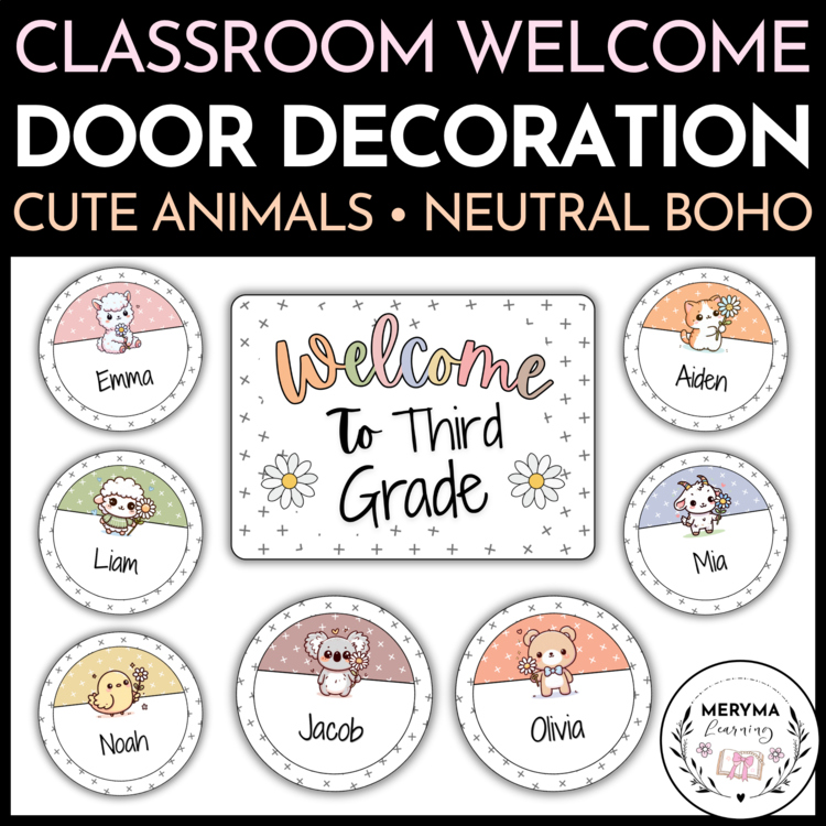 Cute Animals Neutral Boho Student Names and Classroom Welcome Door Decoration