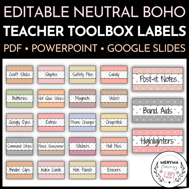Modern Calm Neutral Boho Teacher Toolbox Labels - Editable Tool Box Labels