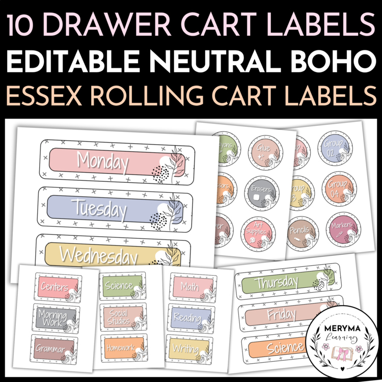 10 Drawer Cart and Essex Rolling Cart Labels – Editable Neutral Boho Labels