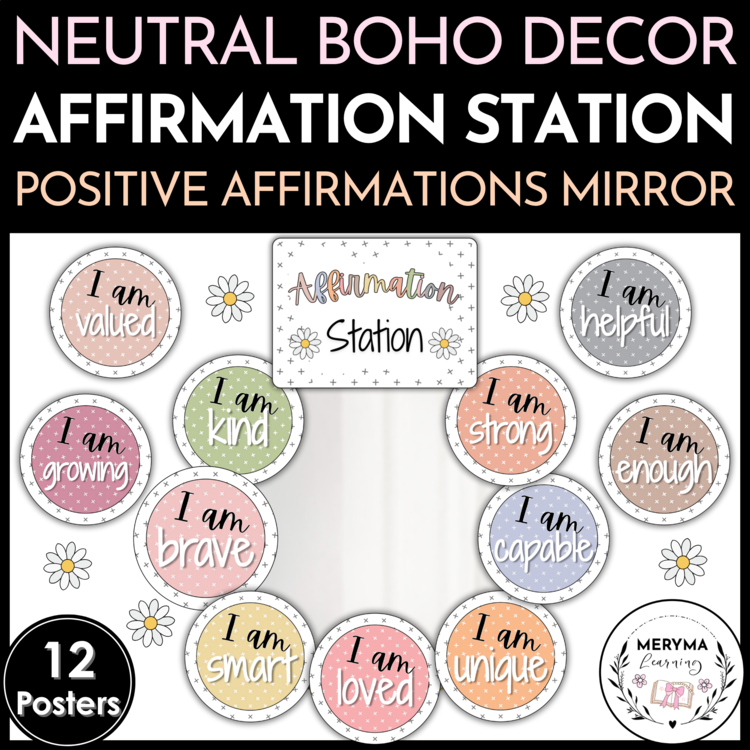 Neutral Boho Affirmation Station Classroom Decor - Positive Affirmations Mirror