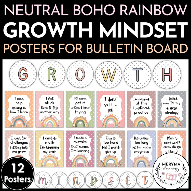 Boho Rainbow Growth Mindset Posters - Neutral Classroom Decor Bulletin Board