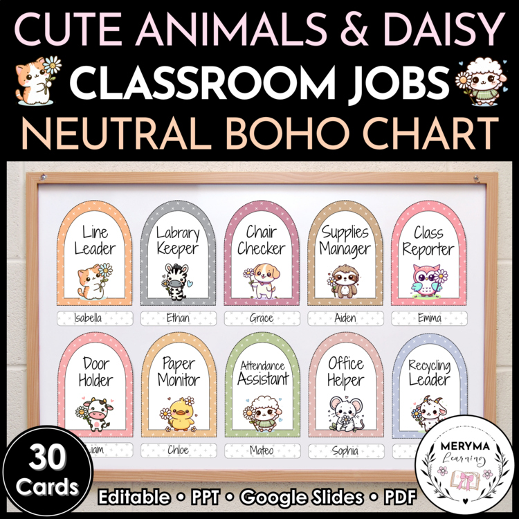 Cute Animal Daisy Flower Neutral Boho Classroom Jobs - Editable Class Job Chart