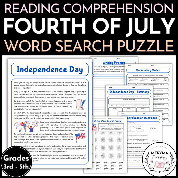 Fourth 4th of July Independence Day Reading Comprehension and Word Search puzzle