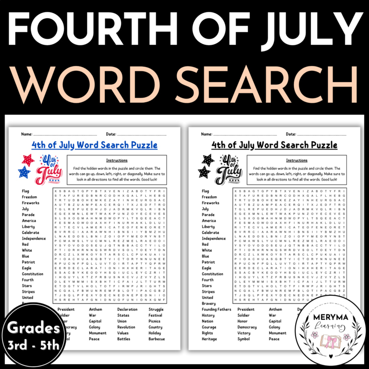Independence Day Fourth 4th of July Word Search - 3rd 4th 5th Grade Word Search