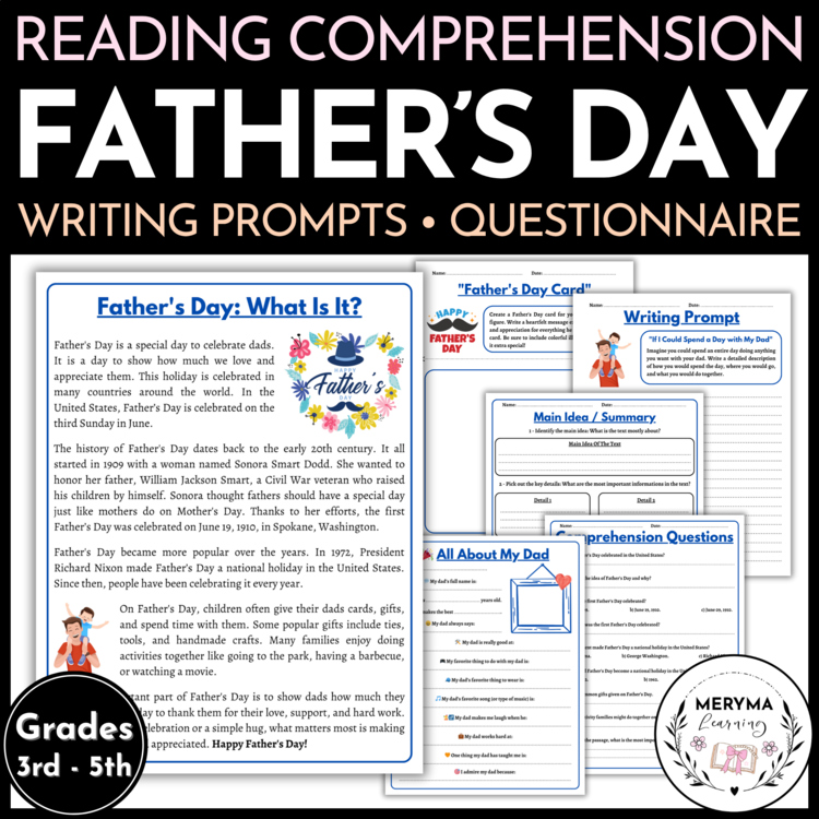 Father's Day Reading Comprehension Writing Prompts Card and Questionnaire
