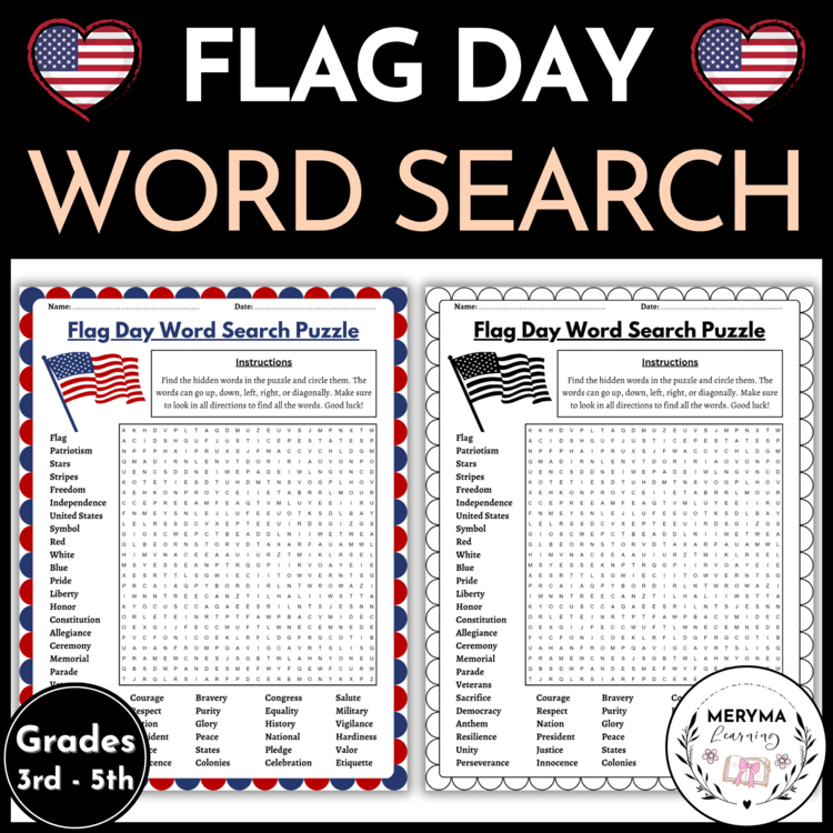 Flag Day Word Search Puzzle - 3rd 4th 5th Grade Flag Day Word Search Puzzle
