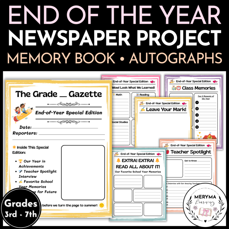 End of the Year Newspaper Project Memory Book | Autograph Page | Teacher Letter
