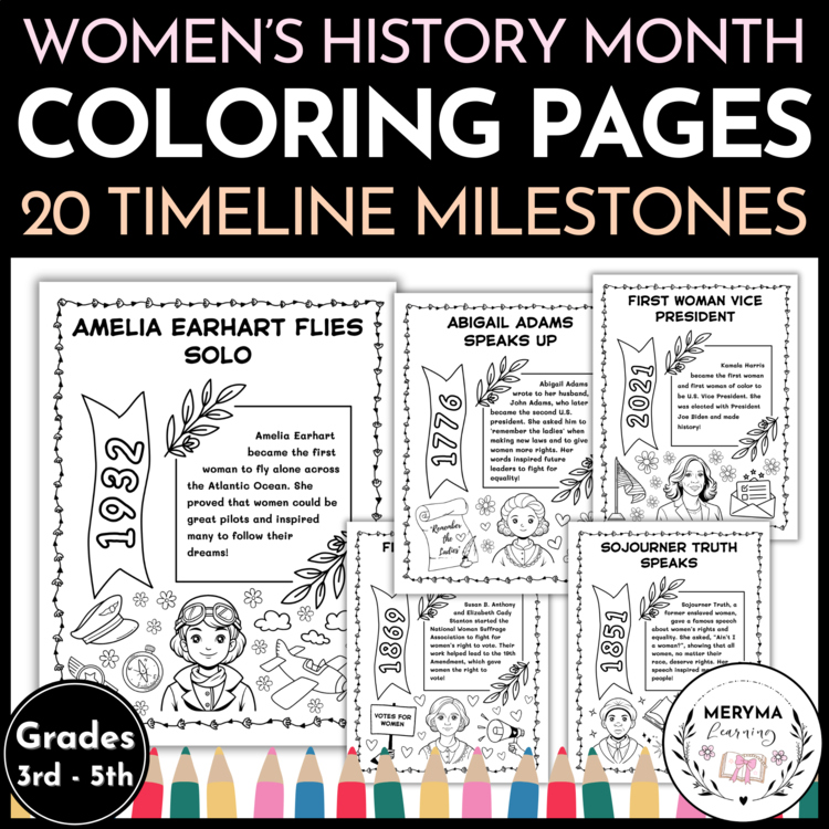U.S. Women's History Month Timeline Coloring Pages Milestones for Bulletin Board