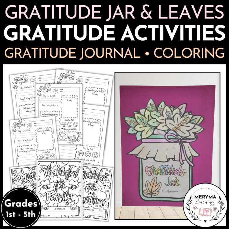 Gratitude Activities - 30-Day Writing Journal - Jar & Leaves Craft - Coloring