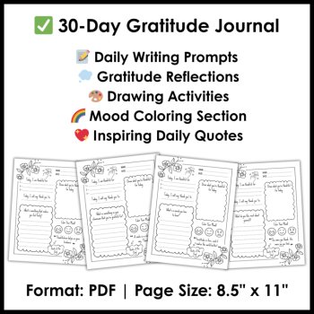 Gratitude Activities - 30-Day Writing Journal - Jar & Leaves Craft - Coloring, image 2