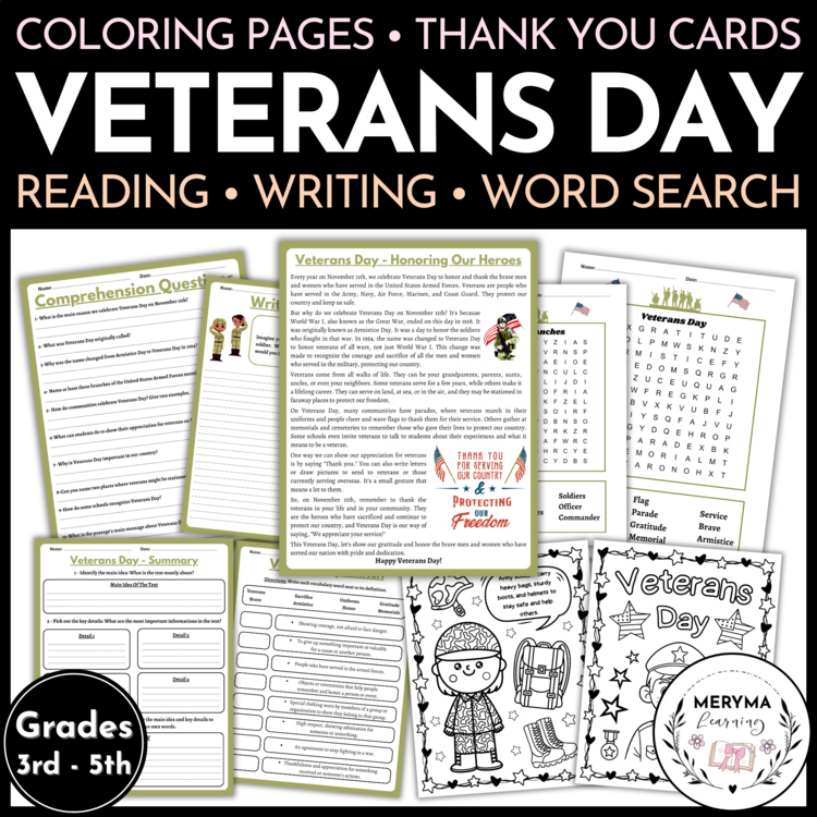 Veterans Day Reading Comprehension Activities Writing Coloring Pages Puzzles