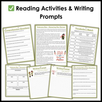 Veterans Day Reading Comprehension Activities Writing Coloring Pages Puzzles, image 2