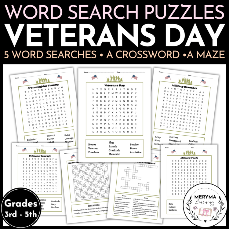 Veterans Day Puzzle - Veterans Day word Search Puzzles - Crossword - Maze