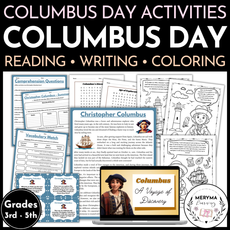 Columbus Day Reading Comprehension - Writing - Word Searches and Coloring Pages