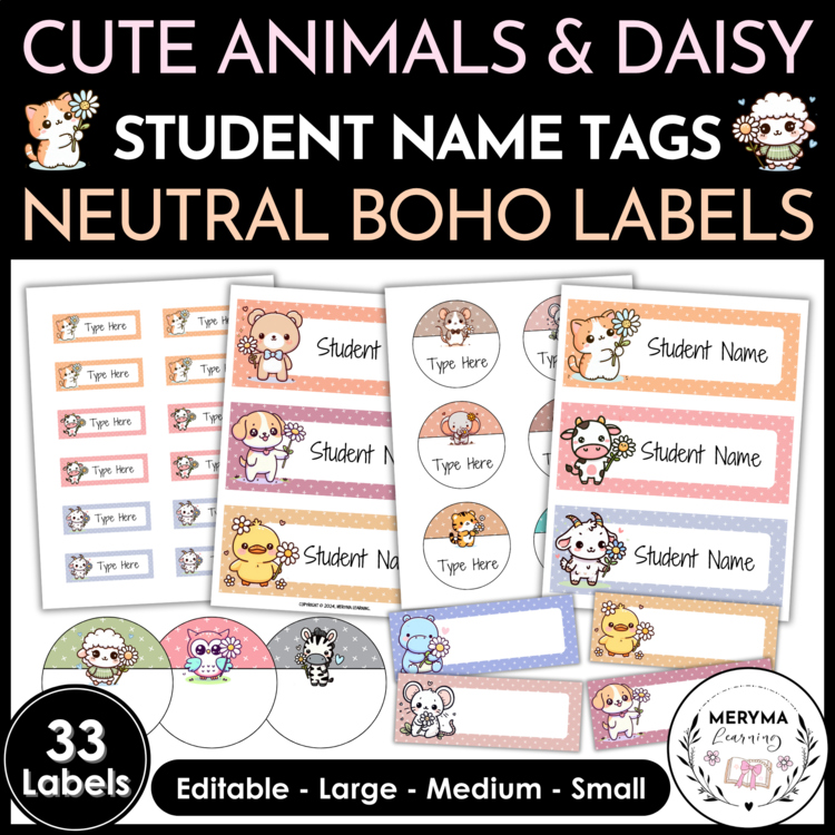Neutral Boho Animal Daisy Flower Student Name Tags - Desk Supply Editable Labels
