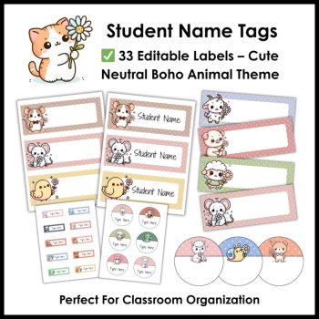 Neutral Boho Animal Daisy Flower Student Name Tags - Desk Supply Editable Labels, image 2