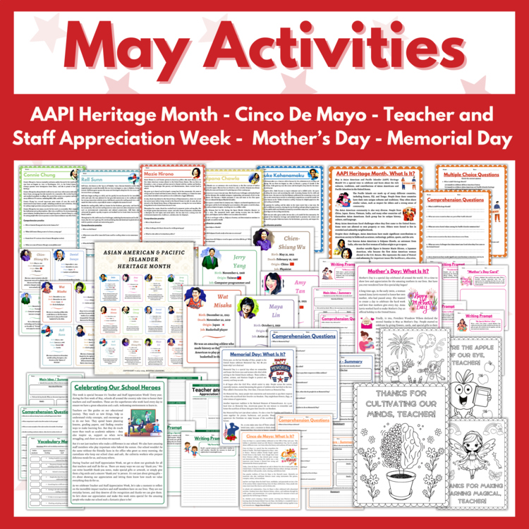 May Activities Bundle AAPI Heritage Month, Cinco de Mayo, Mother's Day, and More