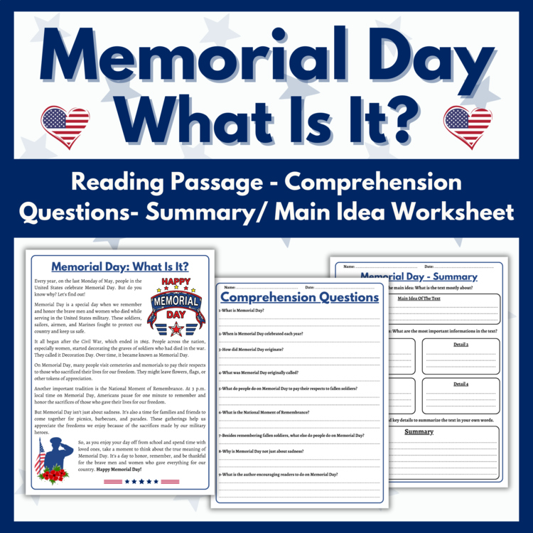 Memorial Day Reading Comprehension Passage Questions Summary Main Idea Worksheet
