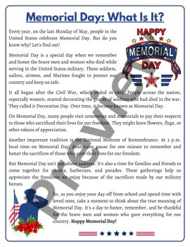 Memorial Day Reading Comprehension Passage Questions Summary Main Idea Worksheet, image 2