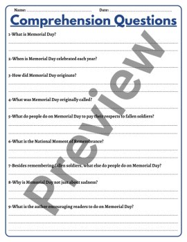 Memorial Day Reading Comprehension Passage Questions Summary Main Idea Worksheet, image 3