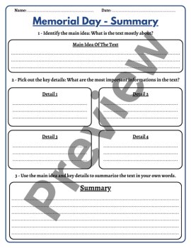 Memorial Day Reading Comprehension Passage Questions Summary Main Idea Worksheet, image 4