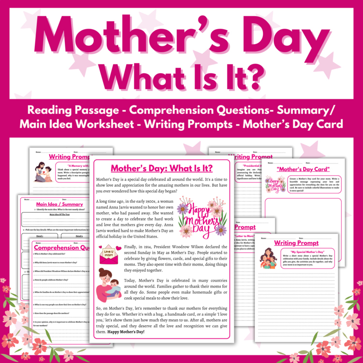 Mother's Day Reading Comprehension Passage and Activities and Writing Prompts