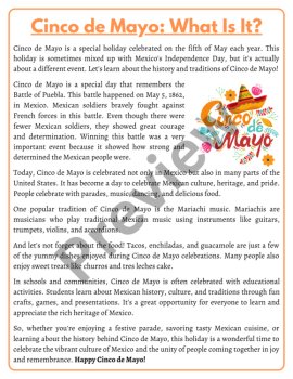 Cinco de Mayo Reading Passage Comprehension Questions Summary Main Idea, image 2